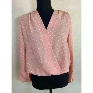 Elodie Pullon V-neck Long sleeve pink blouse white hearts Women size Small